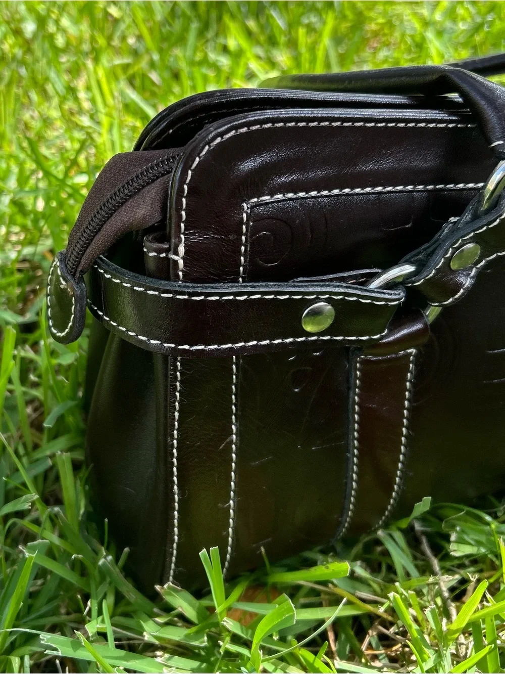 Embossed Leather Satchel in Deep Brown